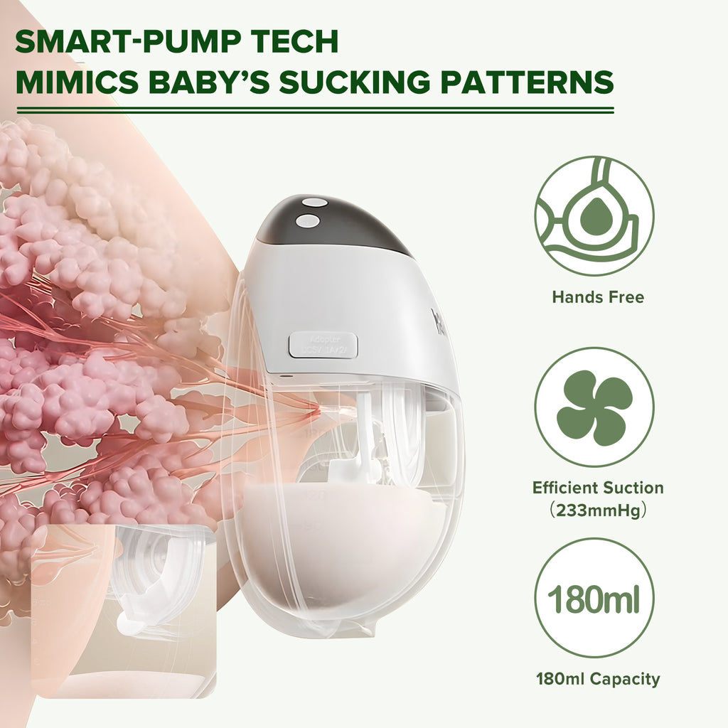 smart-pump technology mimicking baby's sucking patterns, showing efficiency and capacity details