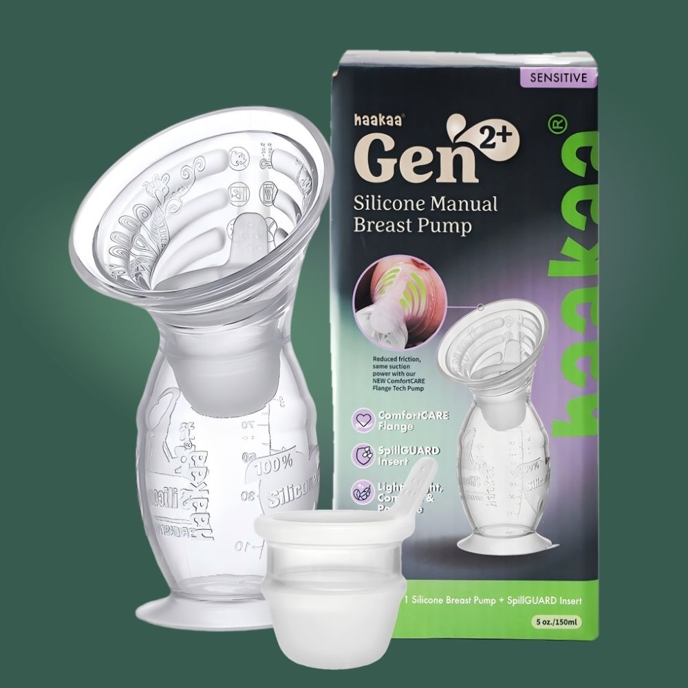 Silicone manual breast pump with packaging, designed for comfortable and efficient milk collection.