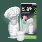 Silicone manual breast pump with packaging, designed for comfortable and efficient milk collection.